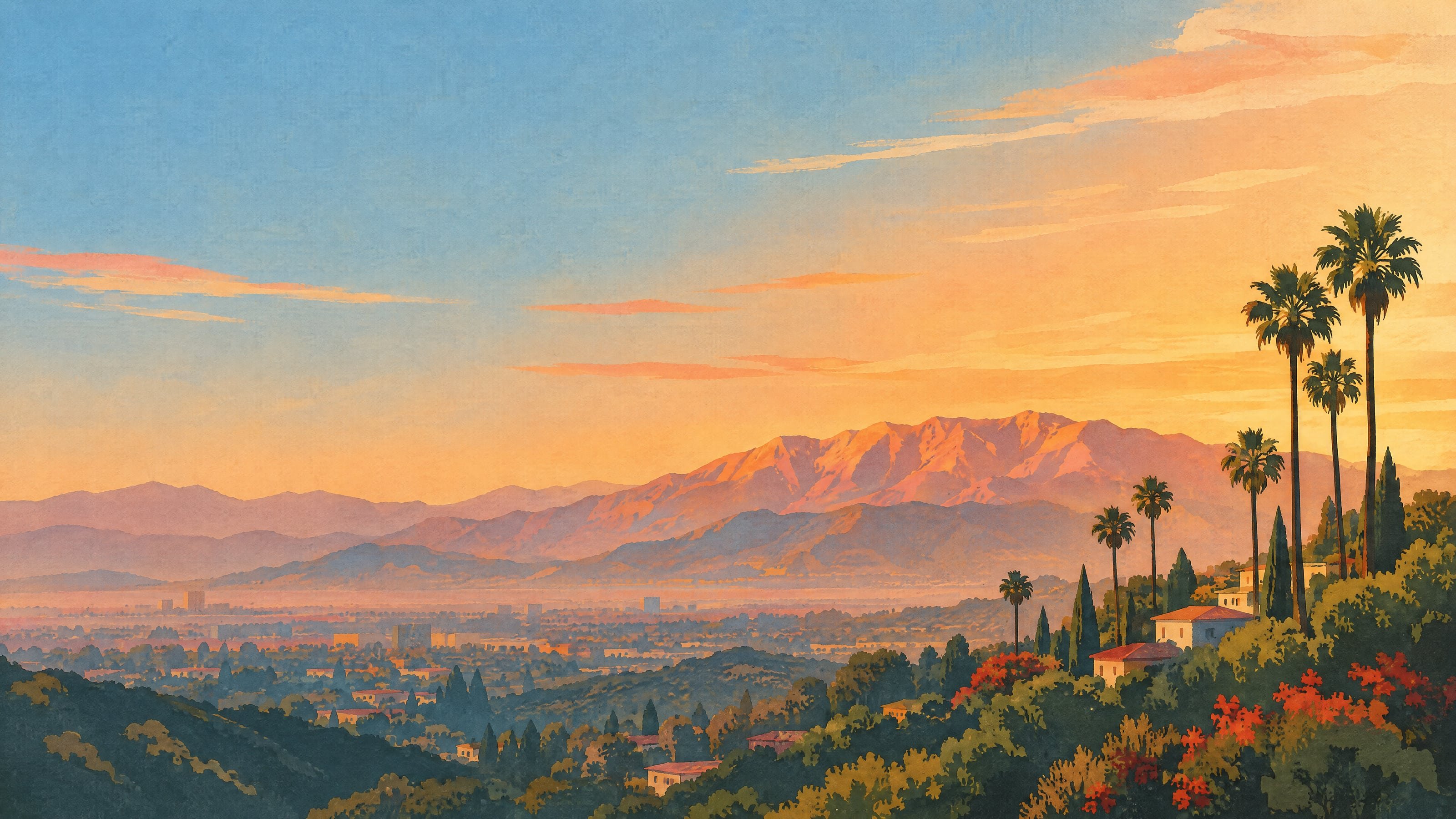 Illustration of the San Fernando Valley and the Verdugo Mountains at golden hour