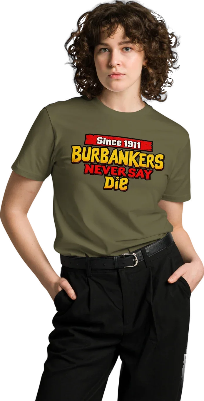 Model wearing the Burbankers Never Say Die tee in olive
