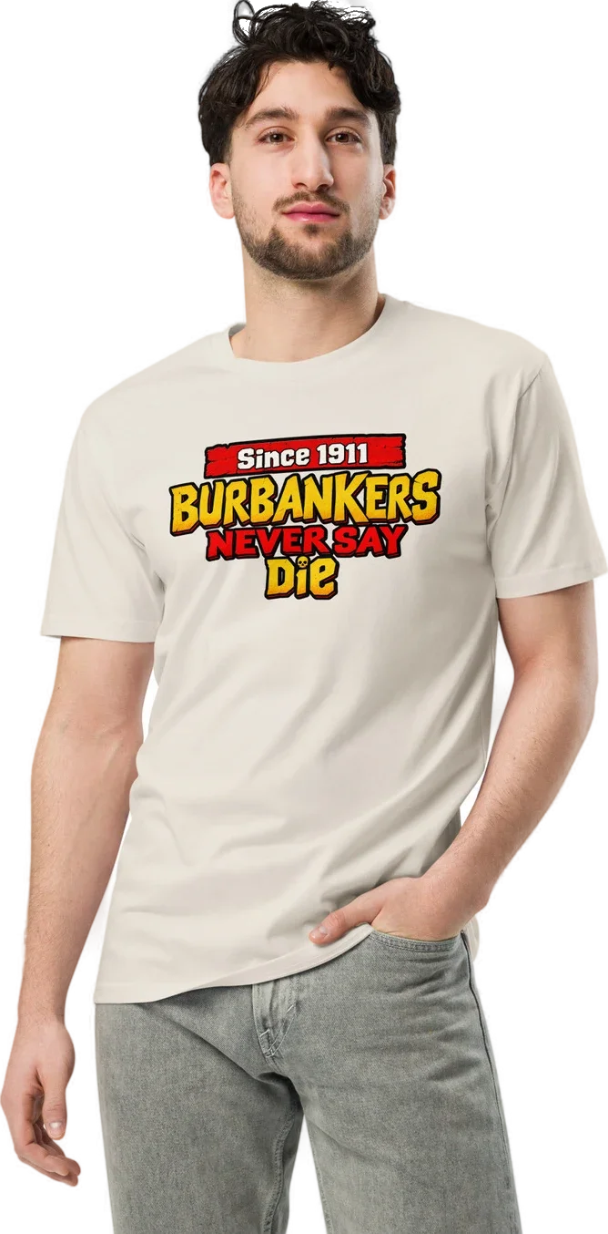 Model wearing the Burbankers Never Say Die tee in cream