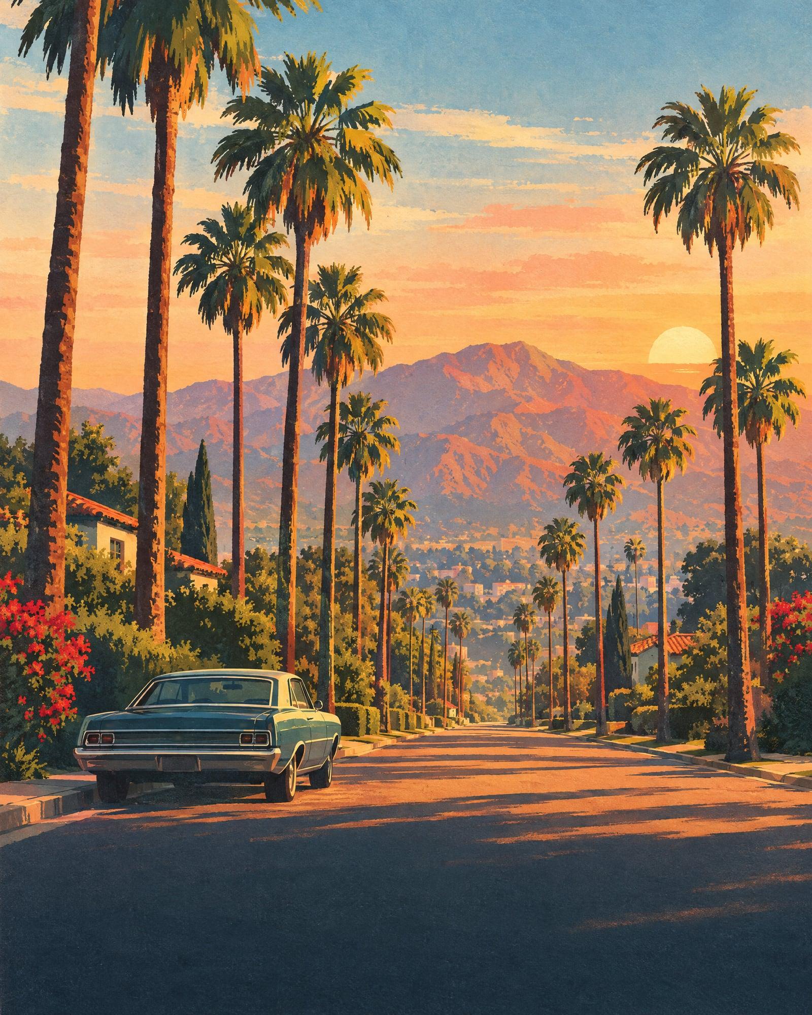 Illustration of a palm-lined Burbank avenue at golden hour, the Verdugo Mountains beyond