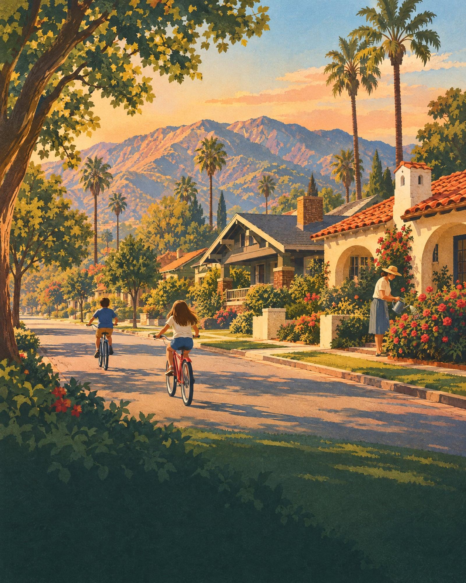 Illustration of a bungalow neighborhood with kids on bikes and a neighbor watering roses