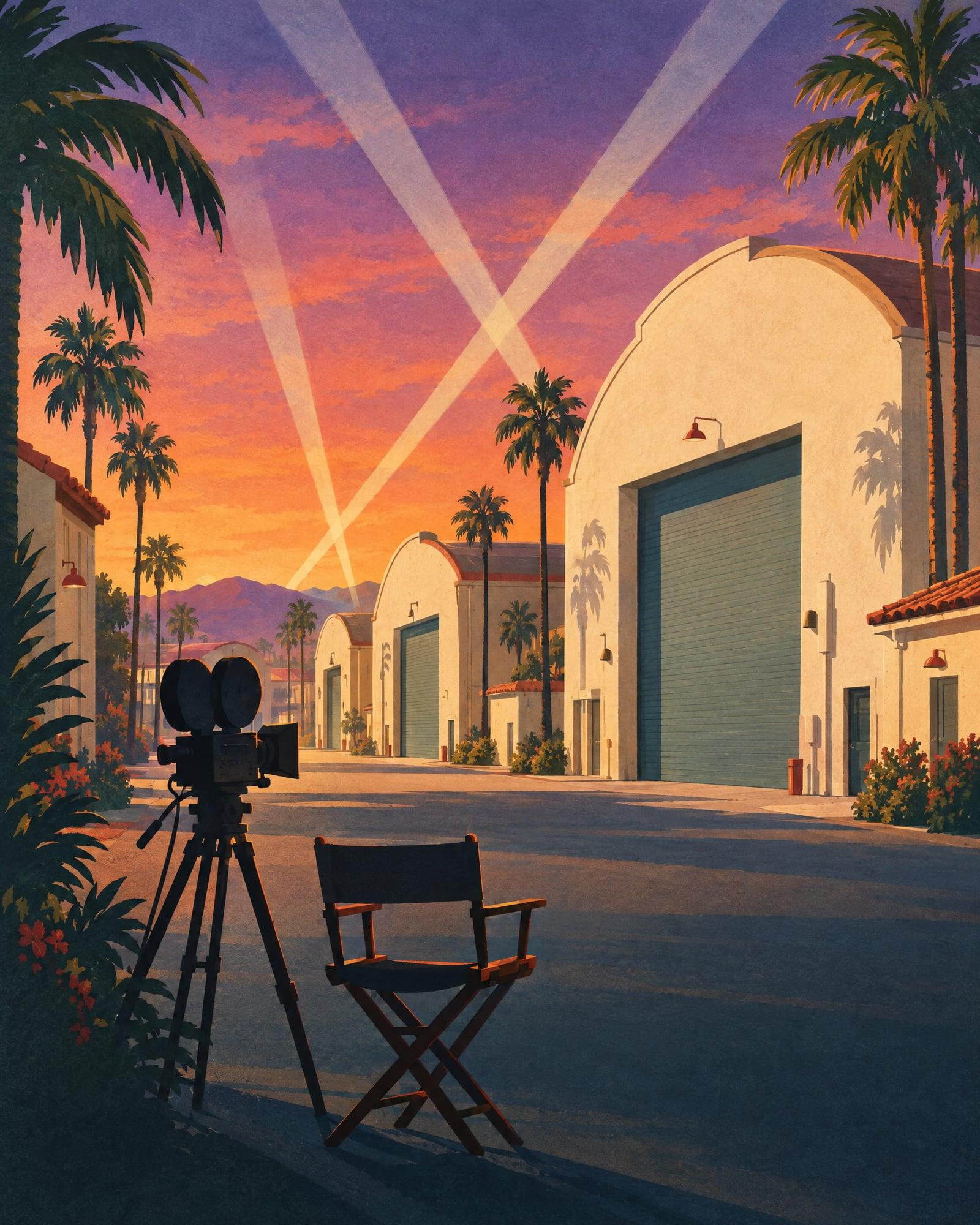 Illustration of studio soundstages at dusk with crossing searchlights and a vintage film camera