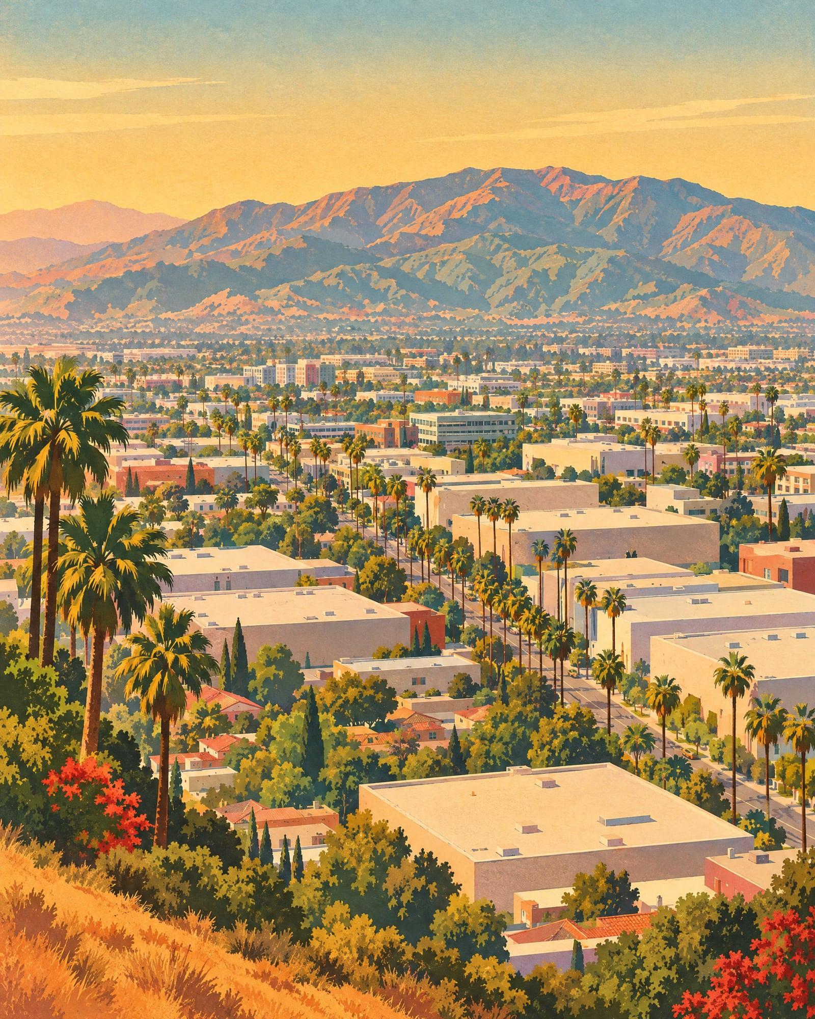 Illustration of Burbank from the hills, palm-lined streets and the Verdugo Mountains