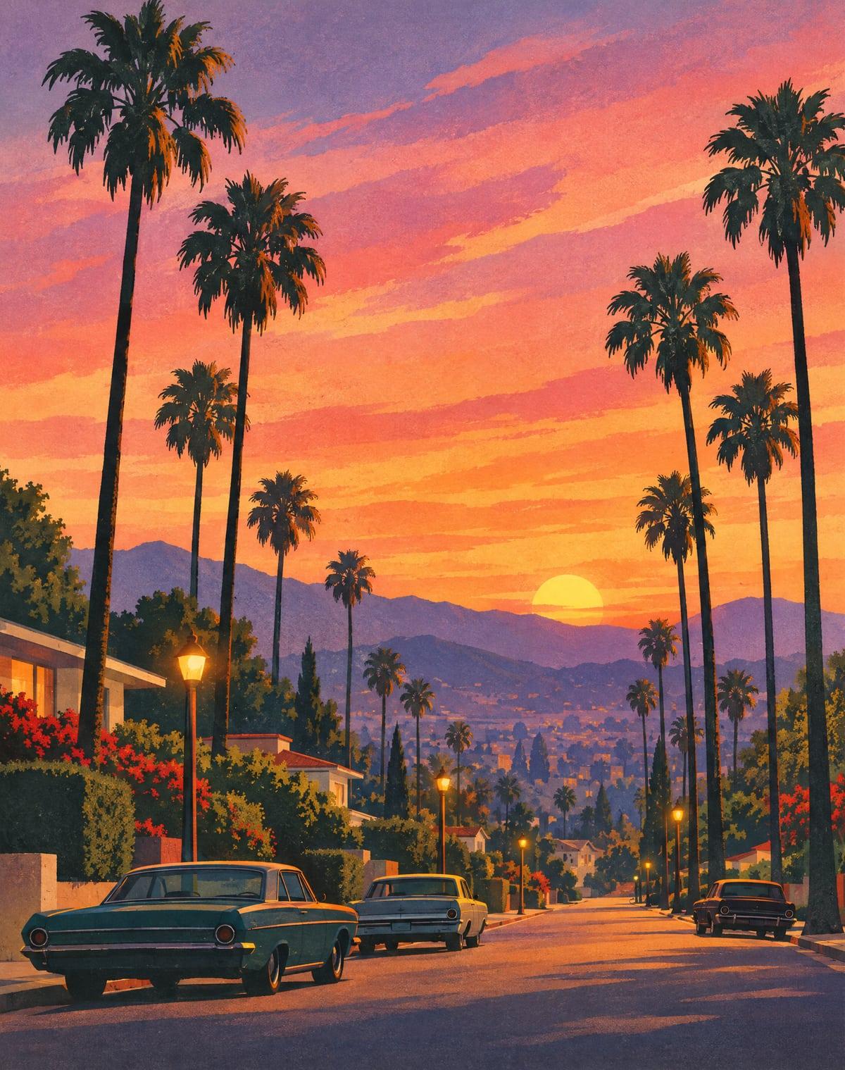 Illustration of tall palms against a pink sunset over a quiet street