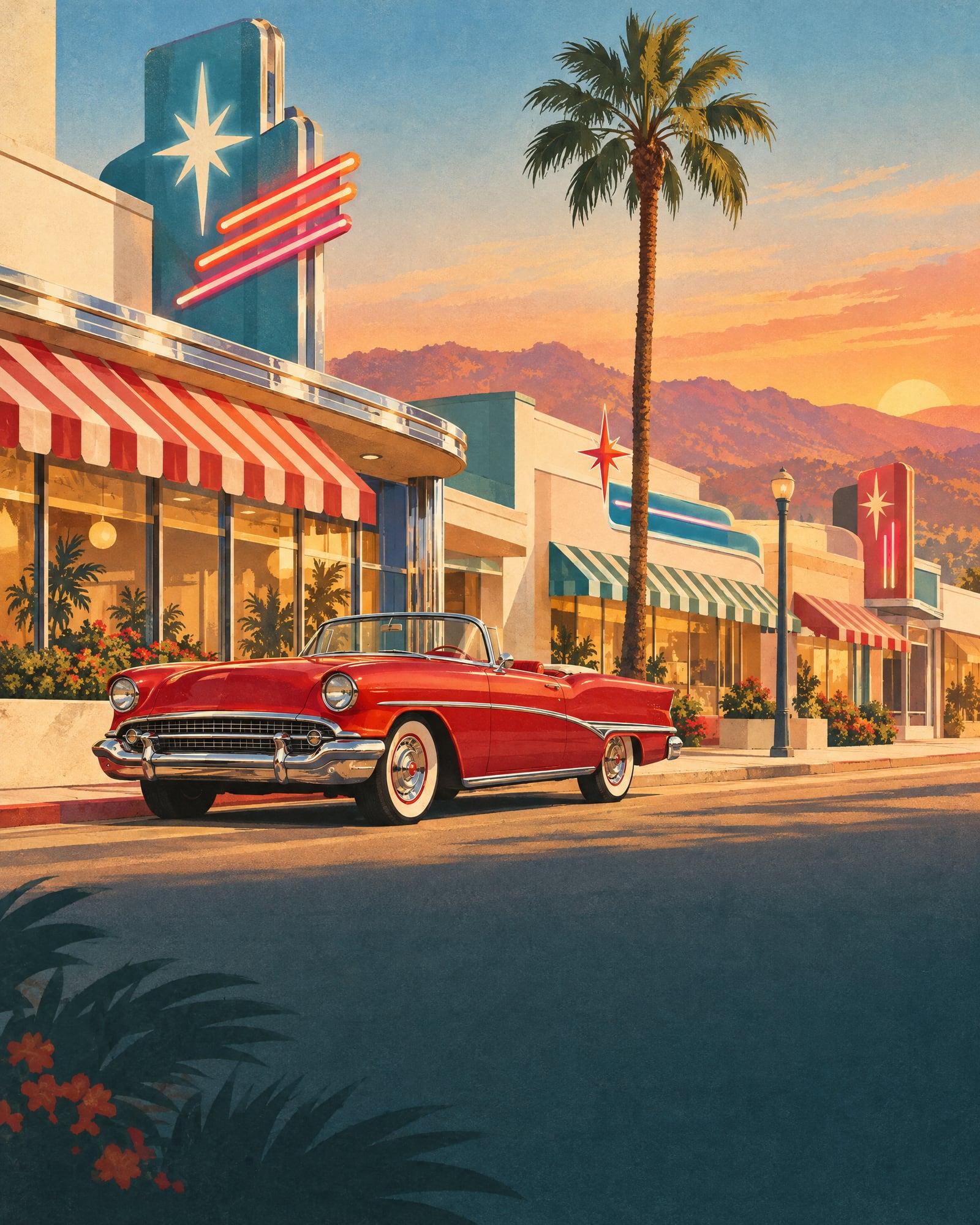 Illustration of a 1950s shopping street with neon star signs and a red convertible
